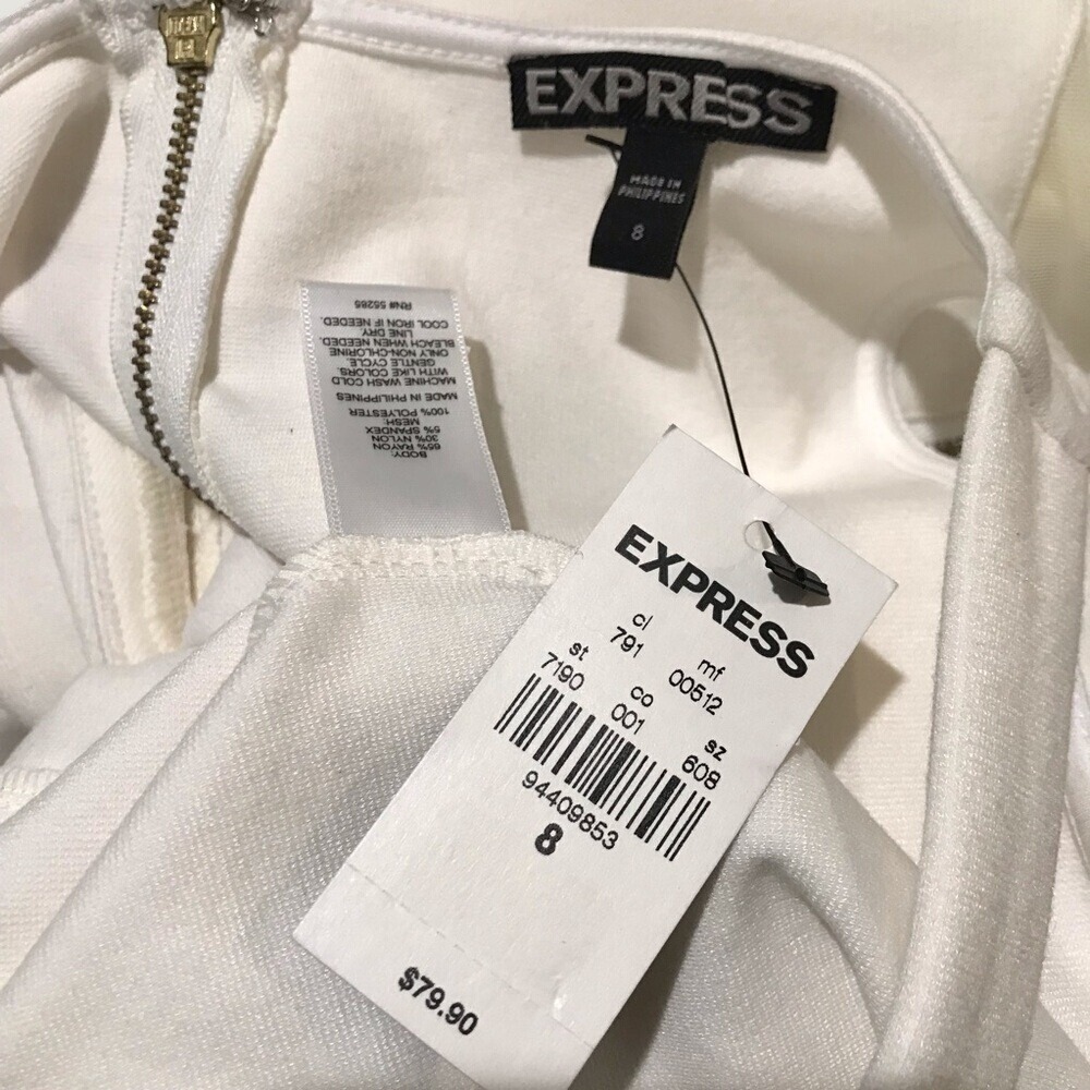 Express Classic White Bodycon Sleepless Sheath Dress with Mesh Accent & Back Zip - Picture 13 of 13